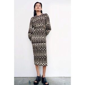 Zara Printed Cut-Out Detail Midi Dress Brown cream tribal Ikat print Sz Medium